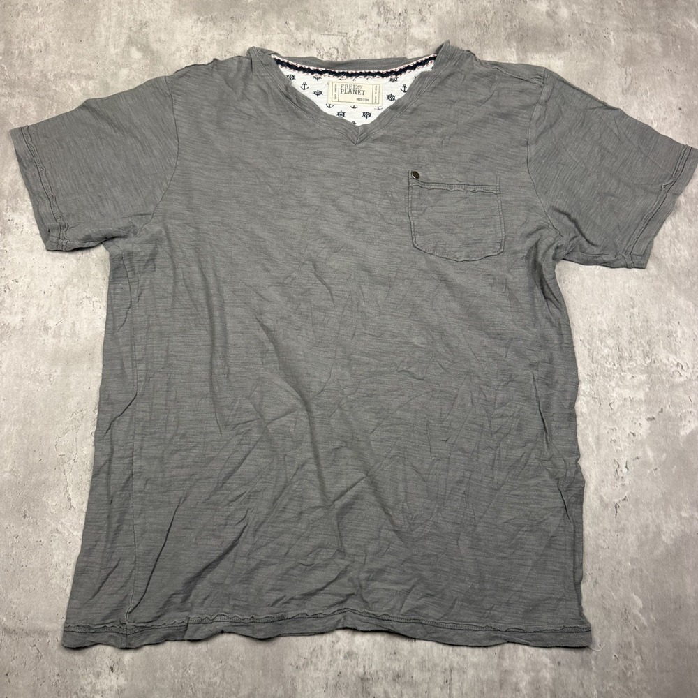 Free Planet Organic Cotton V Neck Pocket Tee T Shirt Men's Medium Gray